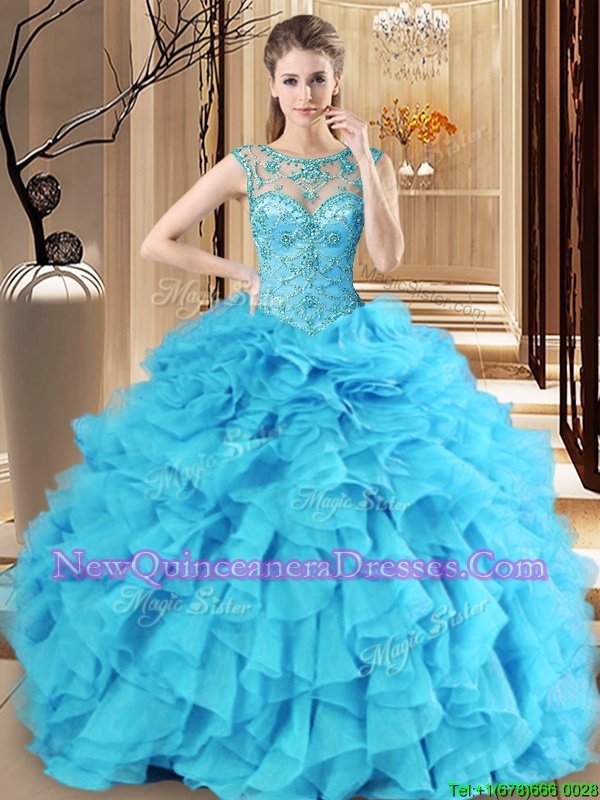 Elegant Scoop Sleeveless Lace Up 15th Birthday Dress Baby Blue Organza