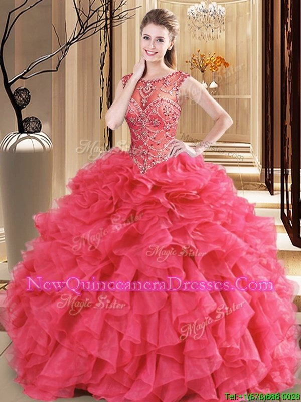 Customized Scoop Coral Red Ball Gowns Beading and Ruffles Ball Gown Prom Dress Lace Up Organza Sleeveless Floor Length