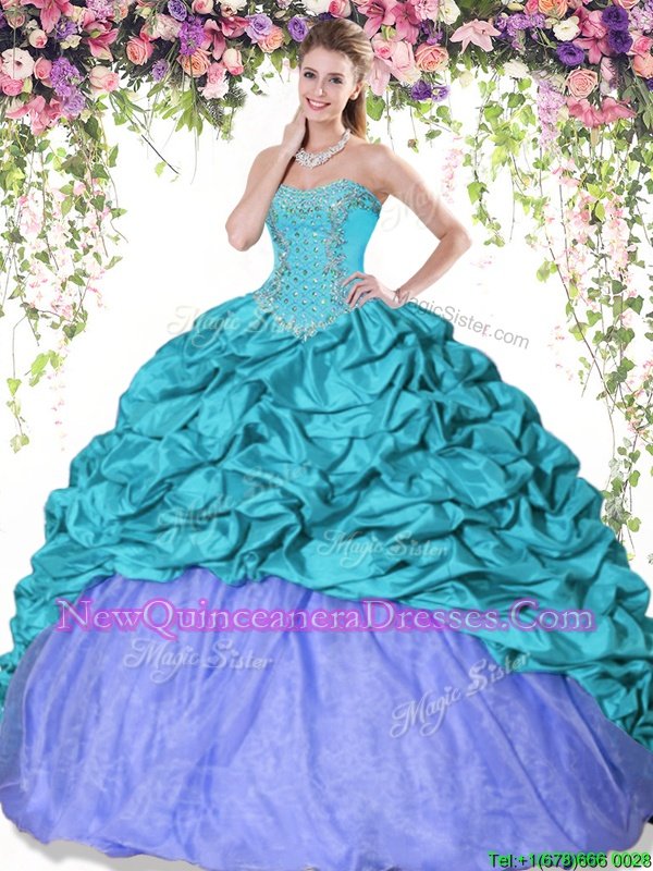 Perfect Sweetheart Sleeveless Sweet 16 Dresses Floor Length Beading and Pick Ups Turquoise and Lavender Taffeta