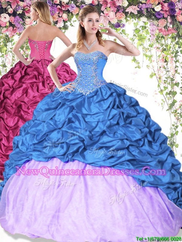 Chic Blue and Lilac Ball Gowns Taffeta Sweetheart Sleeveless Pick Ups Floor Length Lace Up Sweet 16 Dresses