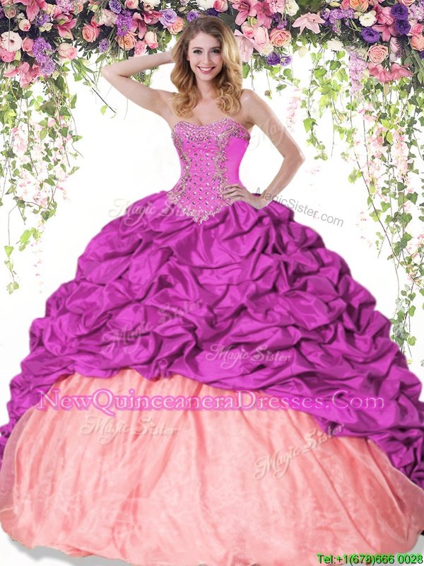 Floor Length Lace Up Quinceanera Dresses Fuchsia and Peach and In for Military Ball and Sweet 16 and Quinceanera withBeading and Pick Ups