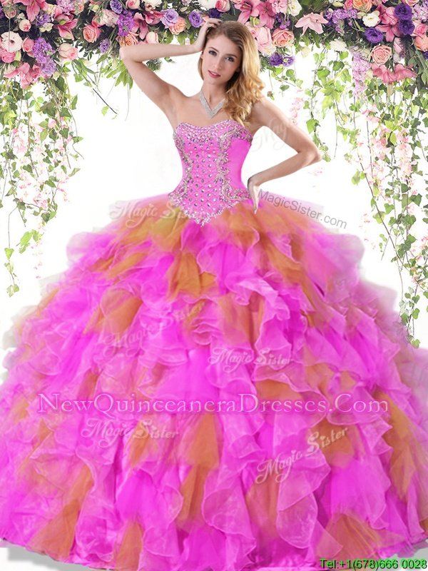 Glittering Sweetheart Sleeveless Organza Quinceanera Gown Beading and Ruffles Lace Up