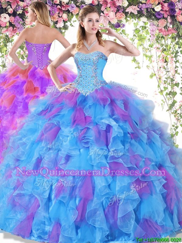 Baby Blue and Purple Organza Lace Up Sweetheart Sleeveless Floor Length Sweet 16 Quinceanera Dress Beading and Ruffles