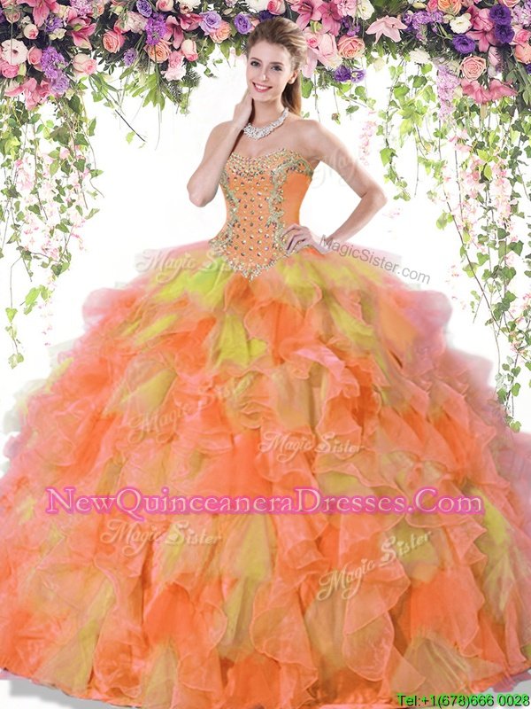 Sweetheart Sleeveless Lace Up Quince Ball Gowns Orange Red Organza