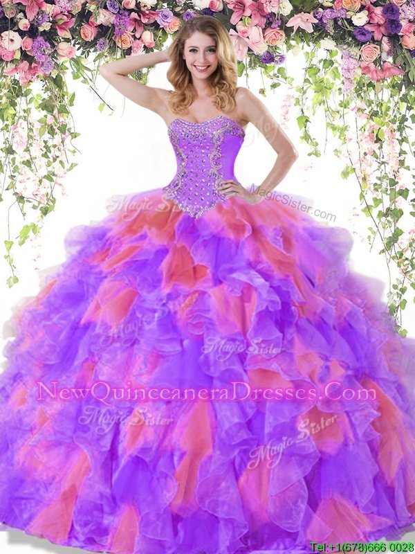 Inexpensive Beading Sweet 16 Dress Multi-color Lace Up Sleeveless Floor Length