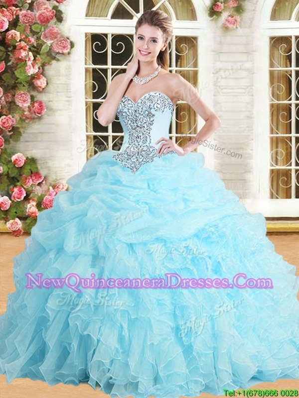 Elegant Sleeveless Organza Floor Length Lace Up Quinceanera Gown inBaby Blue withAppliques and Ruffles and Pick Ups