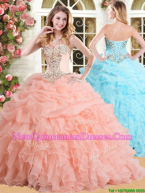 Sexy Sleeveless Organza Floor Length Lace Up Sweet 16 Dress inPeach withAppliques and Ruffles and Pick Ups