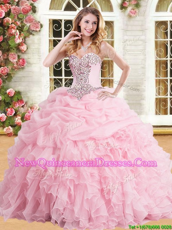 Floor Length Lace Up 15 Quinceanera Dress Baby Pink and In for Military Ball and Sweet 16 and Quinceanera withAppliques and Ruffles and Pick Ups