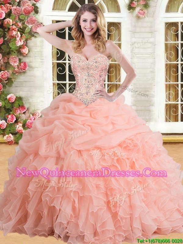 Sophisticated Pick Ups Floor Length Peach Sweet 16 Dresses Sweetheart Sleeveless Lace Up