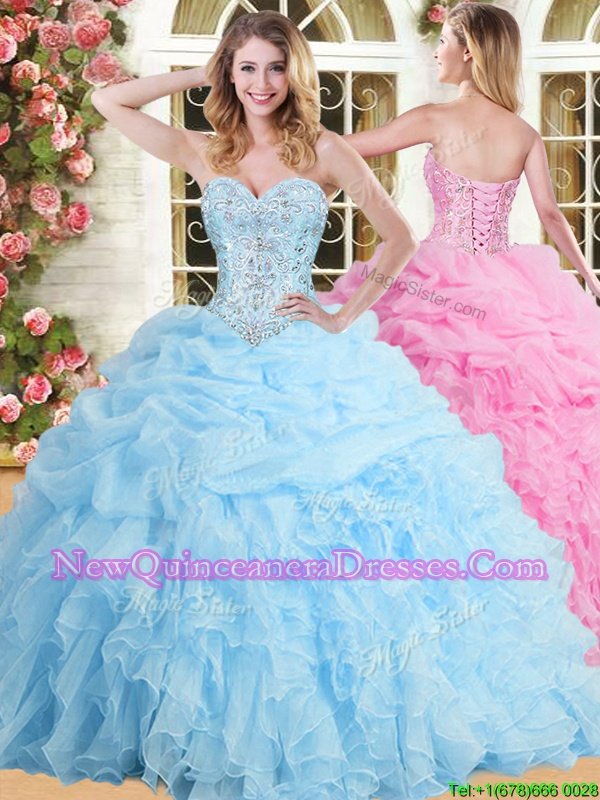 Most Popular Baby Blue Lace Up Sweet 16 Dress Beading and Appliques and Ruffles and Pick Ups Sleeveless Floor Length