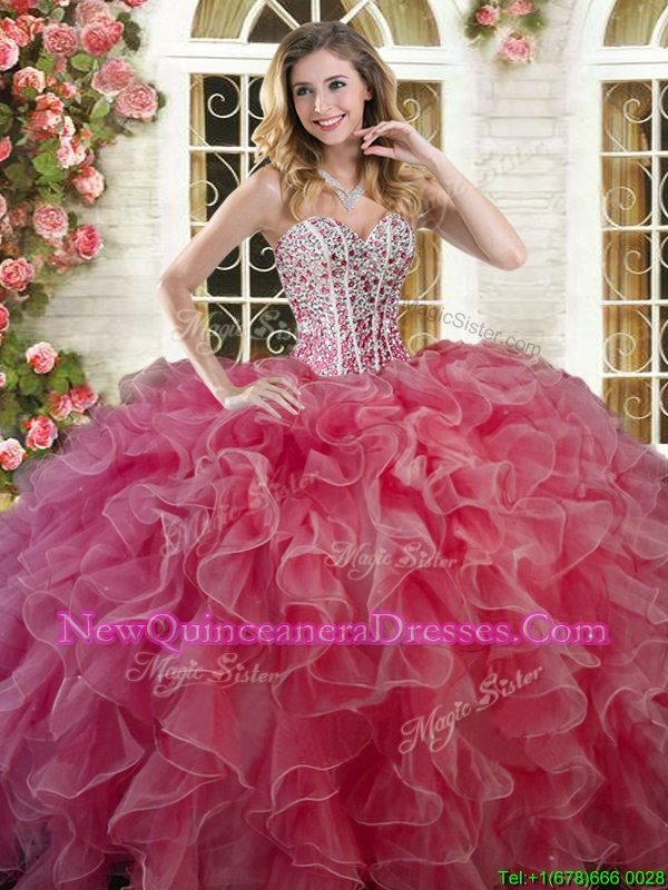 Glittering Coral Red Ball Gowns Beading and Ruffles Quinceanera Gowns Lace Up Organza Sleeveless Floor Length