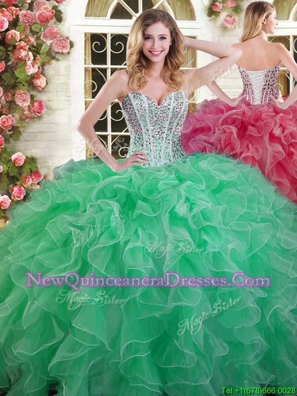 Gorgeous Green Ball Gowns Beading and Ruffles Vestidos de Quinceanera Lace Up Organza Sleeveless Floor Length