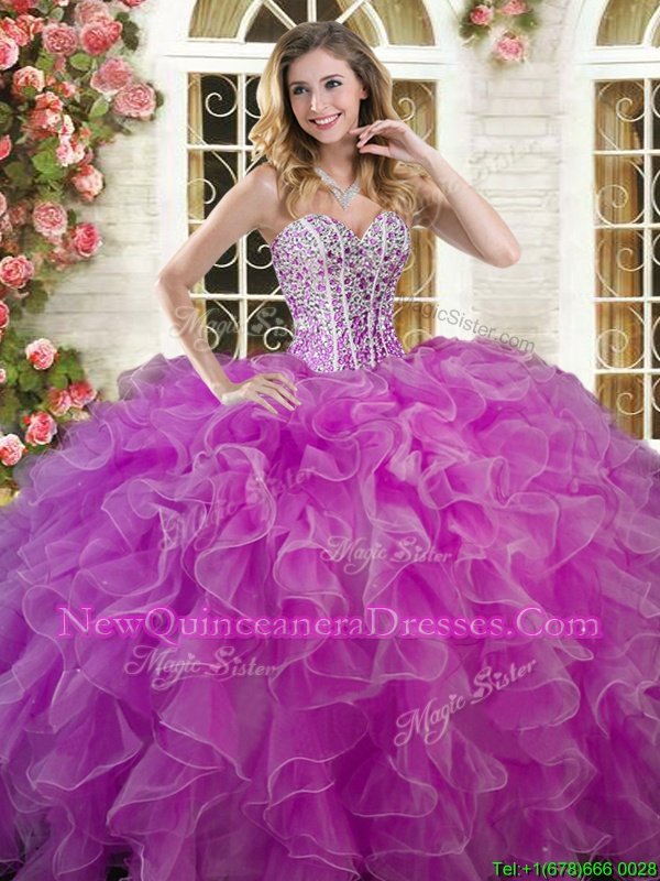 Flare Sleeveless Organza Floor Length Lace Up Quinceanera Gown inLilac forSummer and Fall and Winter withBeading and Ruffles