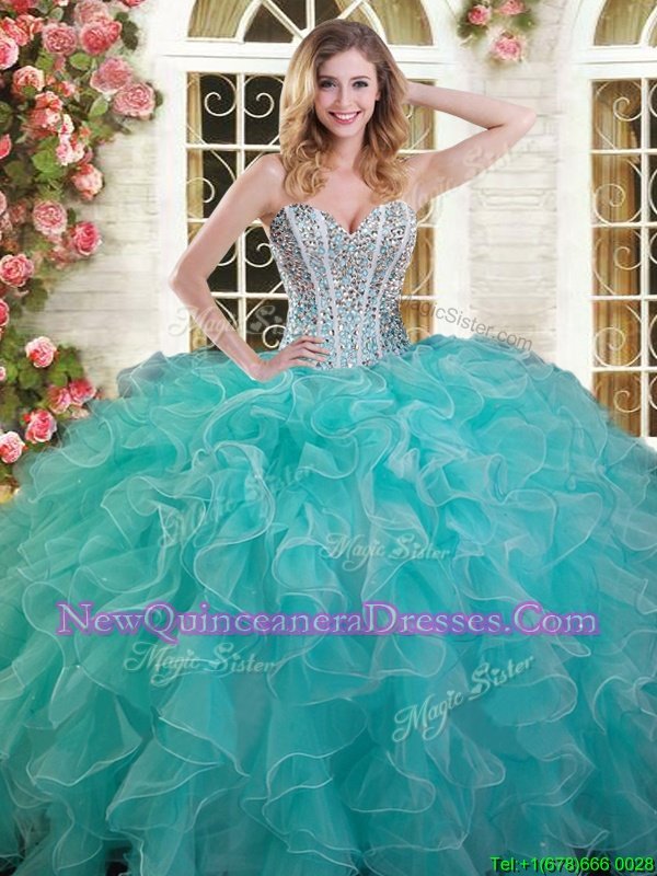 Exceptional Sweetheart Sleeveless Quinceanera Gowns Floor Length Beading and Ruffles Aqua Blue and Green Organza