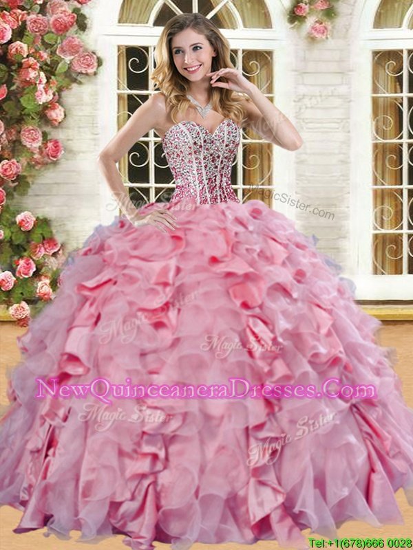 Hot Selling Floor Length Lace Up Quince Ball Gowns Baby Pink and In for Military Ball and Sweet 16 and Quinceanera withBeading and Ruffles