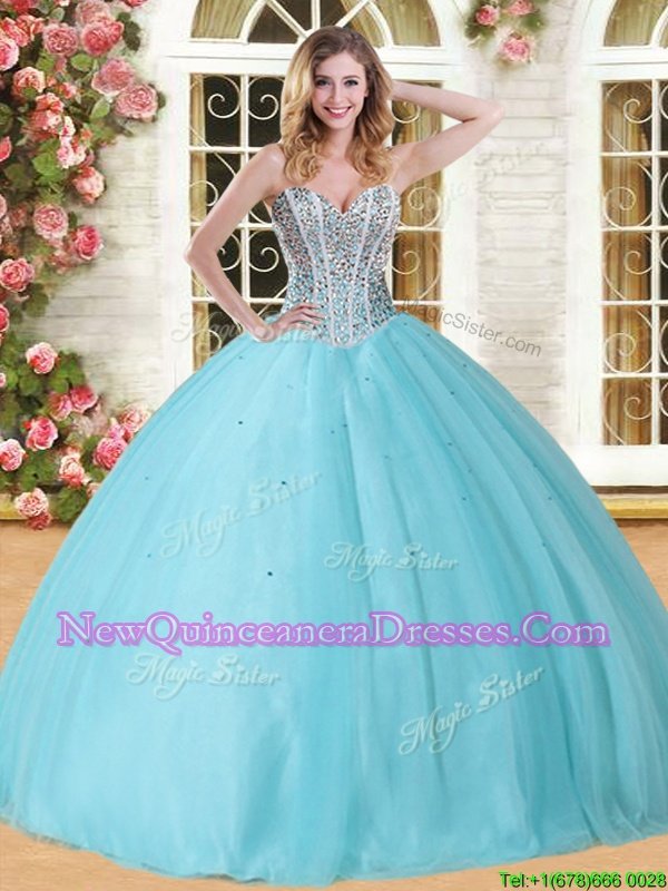 Romantic Baby Blue Sweetheart Neckline Beading Quince Ball Gowns Sleeveless Lace Up