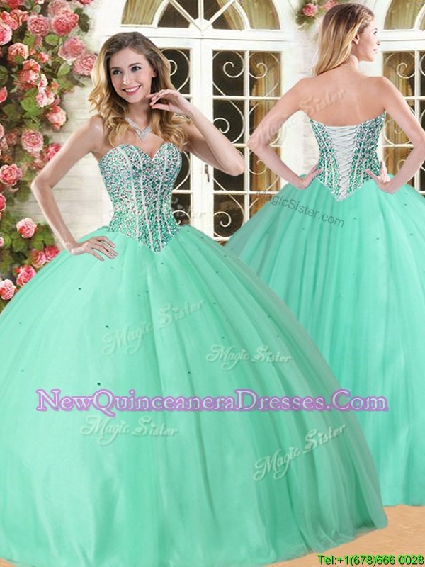 High End Apple Green Lace Up Sweetheart Beading Ball Gown Prom Dress Tulle Sleeveless