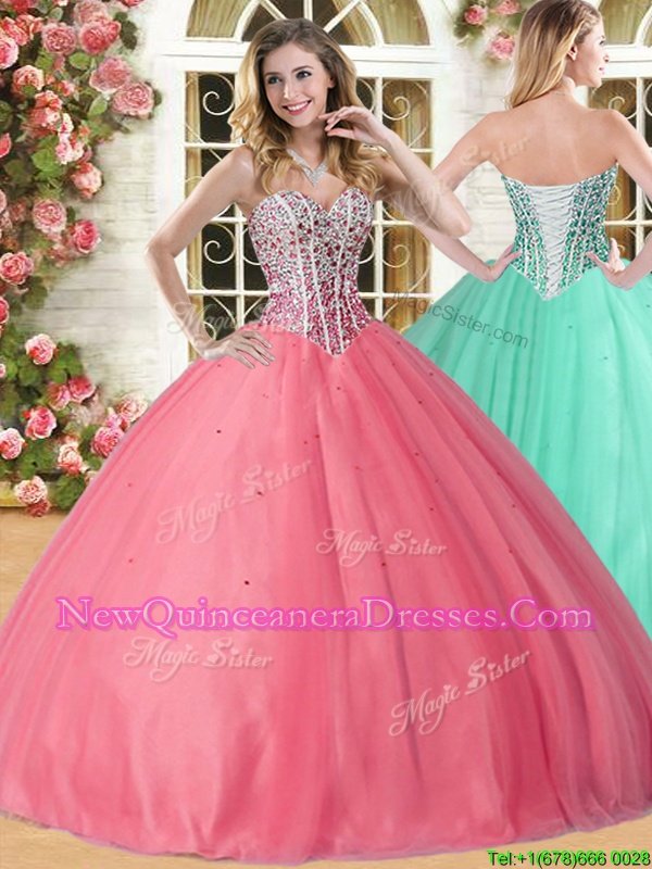 Classical Beading Quinceanera Dresses Coral Red Lace Up Sleeveless Floor Length