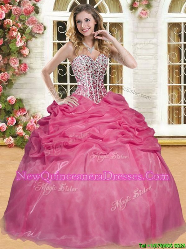 Fine Sleeveless Organza Floor Length Lace Up Sweet 16 Dresses inCoral Red withBeading and Pick Ups