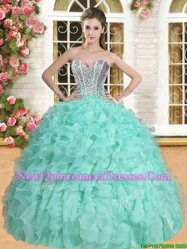 Perfect Apple Green Organza Lace Up Sweet 16 Quinceanera Dress Sleeveless Floor Length Beading and Ruffles