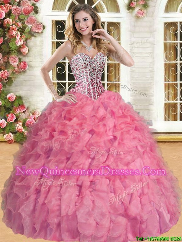 Luxurious Pink Quinceanera Gowns Military Ball and Sweet 16 and Quinceanera and For withBeading and Ruffles Sweetheart Sleeveless Lace Up