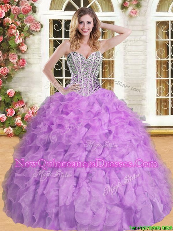 Trendy Lavender Sleeveless Organza Lace Up Quinceanera Dress for Military Ball and Sweet 16 and Quinceanera