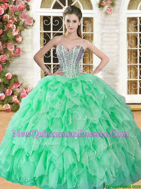 Sweetheart Sleeveless Quinceanera Dresses Floor Length Beading and Ruffles Spring Green Organza