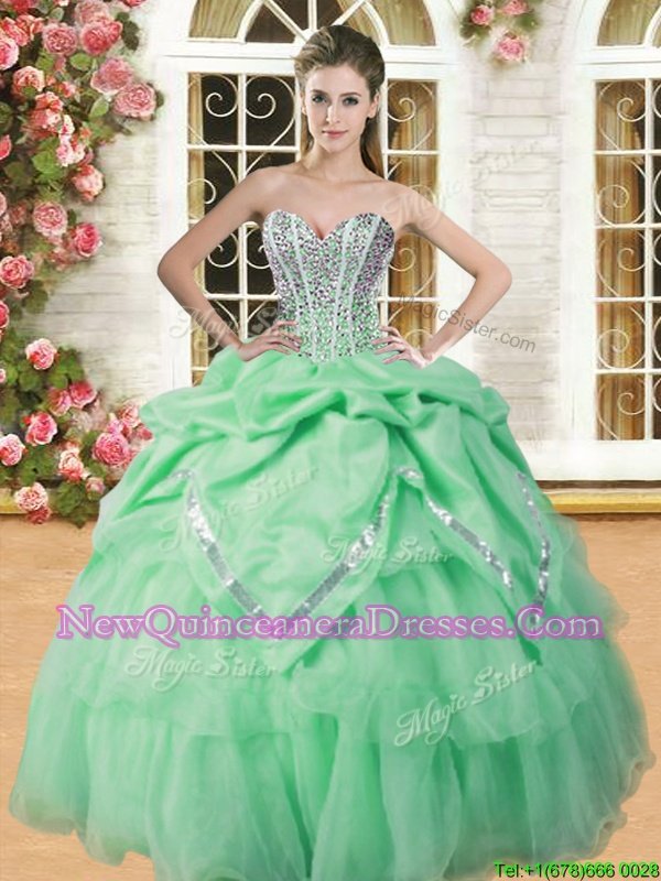 Low Price Floor Length Lace Up Ball Gown Prom Dress Spring Green and In for Military Ball and Sweet 16 and Quinceanera withBeading and Pick Ups