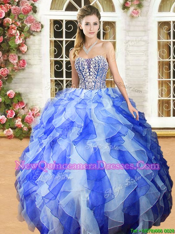 Attractive Sleeveless Organza Floor Length Lace Up 15th Birthday Dress inBlue And White withBeading and Ruffles