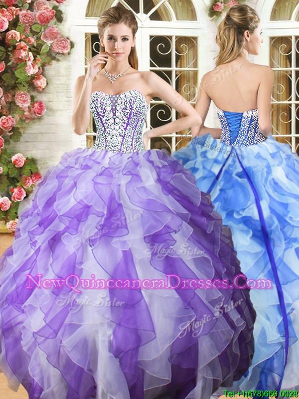 Traditional Beading and Ruffles Ball Gown Prom Dress White and Purple Lace Up Sleeveless Floor Length