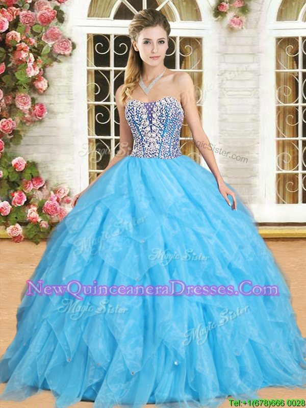 Colorful Spring and Summer and Fall and Winter Organza Sleeveless Floor Length Quinceanera Gown andBeading and Ruffles