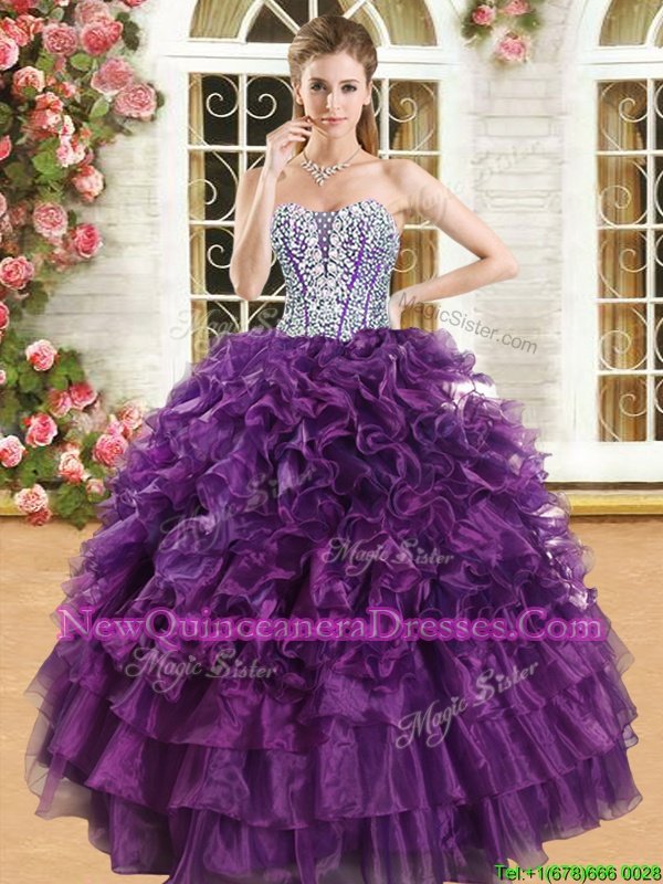 Artistic Purple Sweetheart Lace Up Beading and Ruffles and Ruffled Layers Quinceanera Dresses Sleeveless