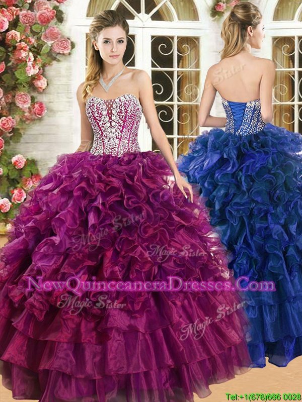 Luxury Burgundy Organza Lace Up Quinceanera Gown Sleeveless Floor Length Beading and Ruffles and Ruffled Layers