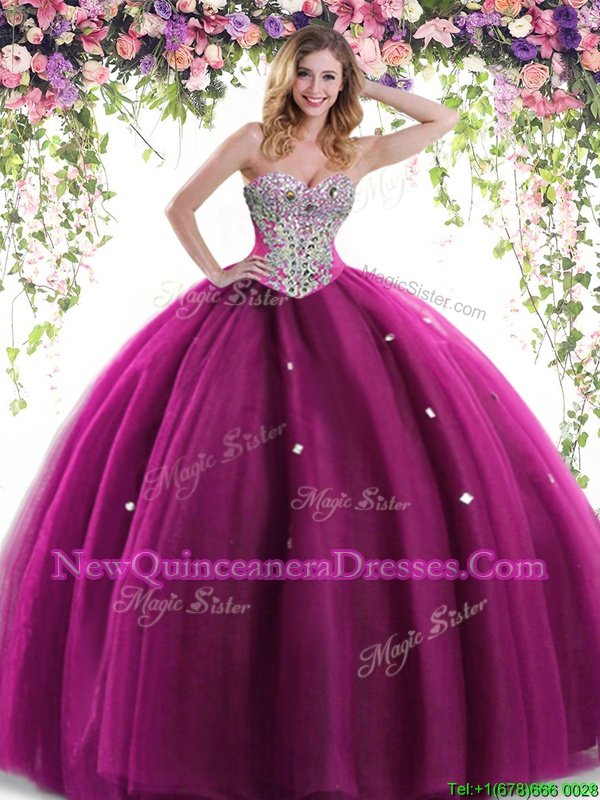 High End Fuchsia Ball Gowns Beading Sweet 16 Quinceanera Dress Lace Up Tulle Sleeveless Floor Length