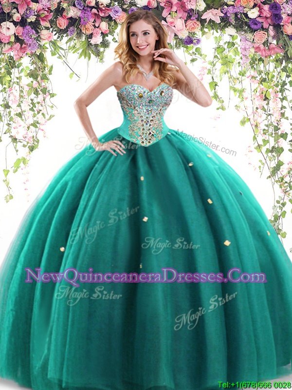 Popular Sweetheart Sleeveless Ball Gown Prom Dress Floor Length Beading Turquoise Tulle