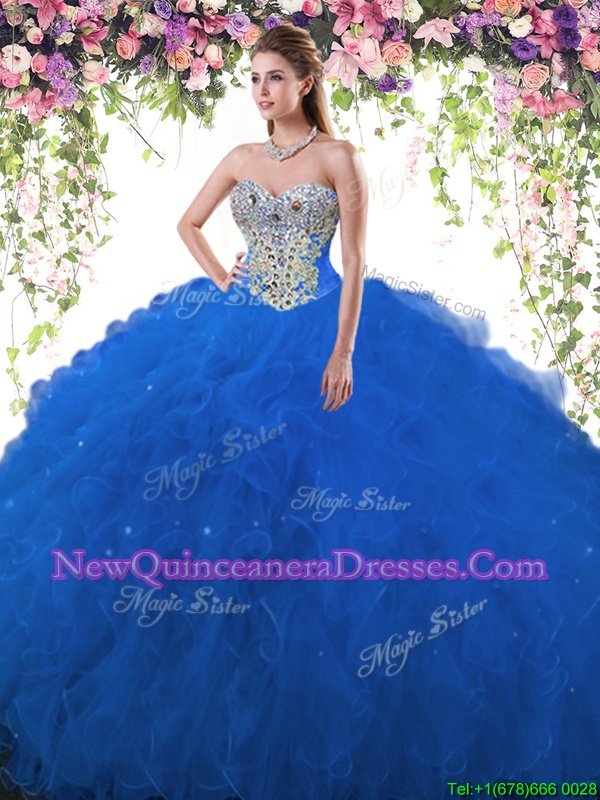 Fantastic Royal Blue Sweetheart Neckline Beading Sweet 16 Dresses Sleeveless Lace Up