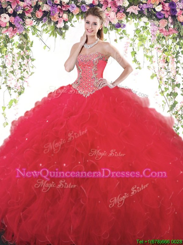 Nice Beading Quinceanera Gowns Red Lace Up Sleeveless Floor Length