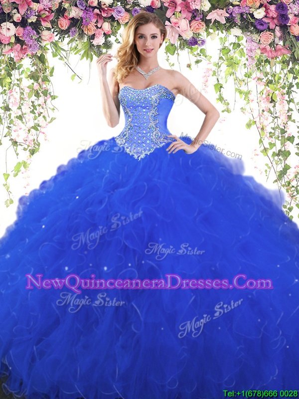 Trendy Sleeveless Tulle Floor Length Lace Up Sweet 16 Quinceanera Dress inRoyal Blue withBeading