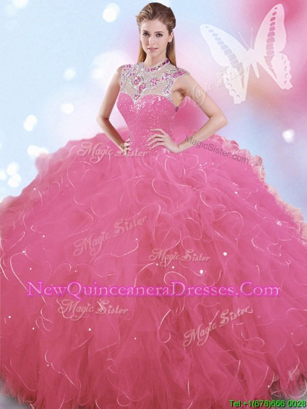 Rose Pink Tulle Zipper Vestidos de Quinceanera Sleeveless Floor Length Beading