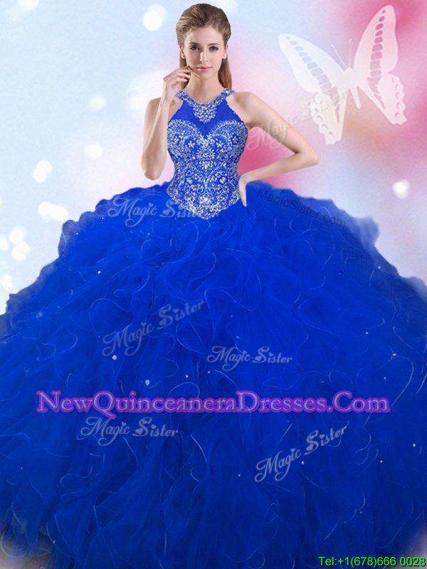 Royal Blue Ball Gowns Tulle Halter Top Sleeveless Beading Lace Up Sweet 16 Dresses