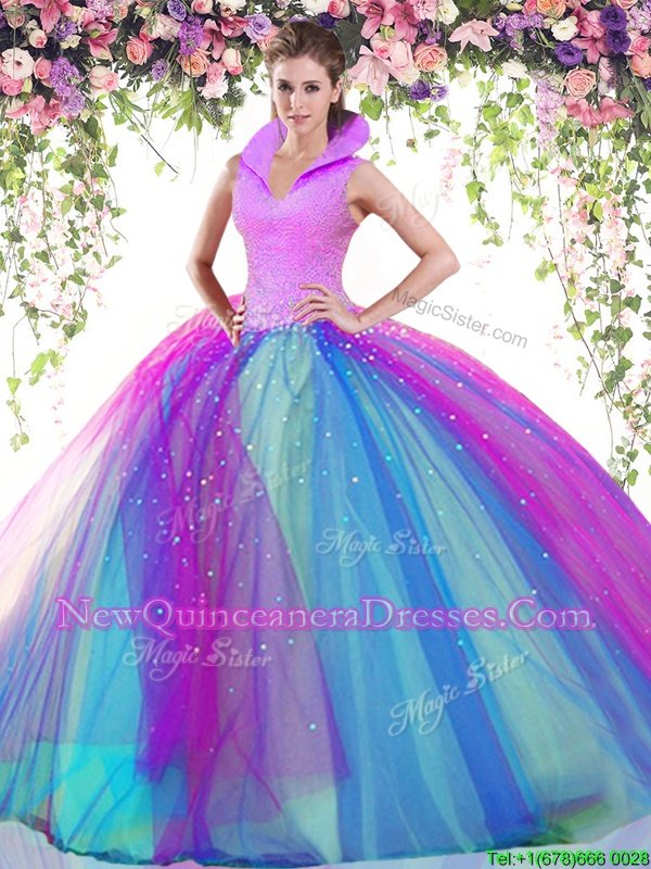 Wonderful Multi-color High-neck Backless Beading Vestidos de Quinceanera Sleeveless