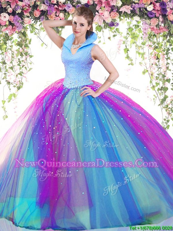 Colorful Multi-color High-neck Neckline Beading Quinceanera Gowns Sleeveless Backless