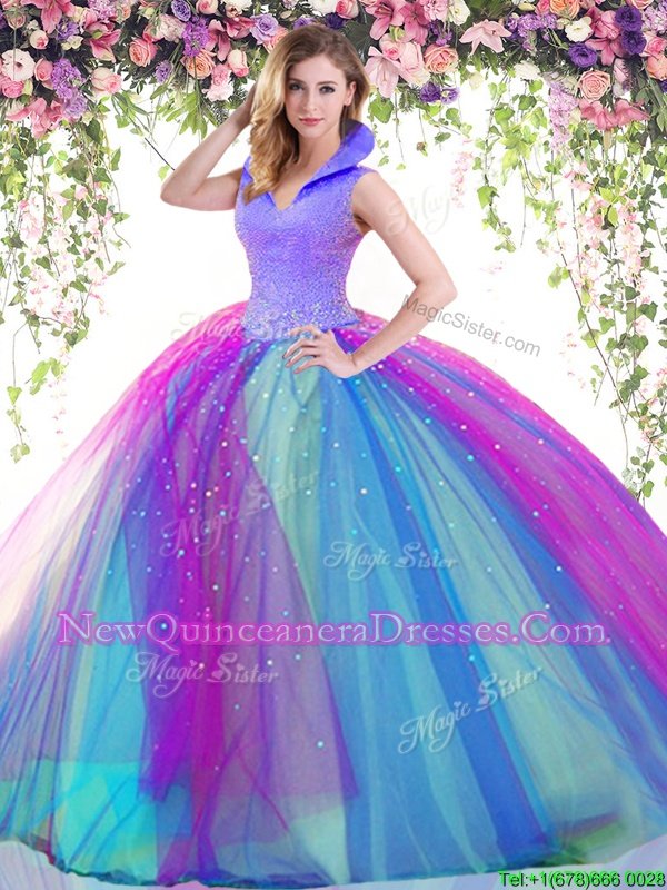 High Quality Beading Quince Ball Gowns Lavender and Multi-color Backless Sleeveless Floor Length