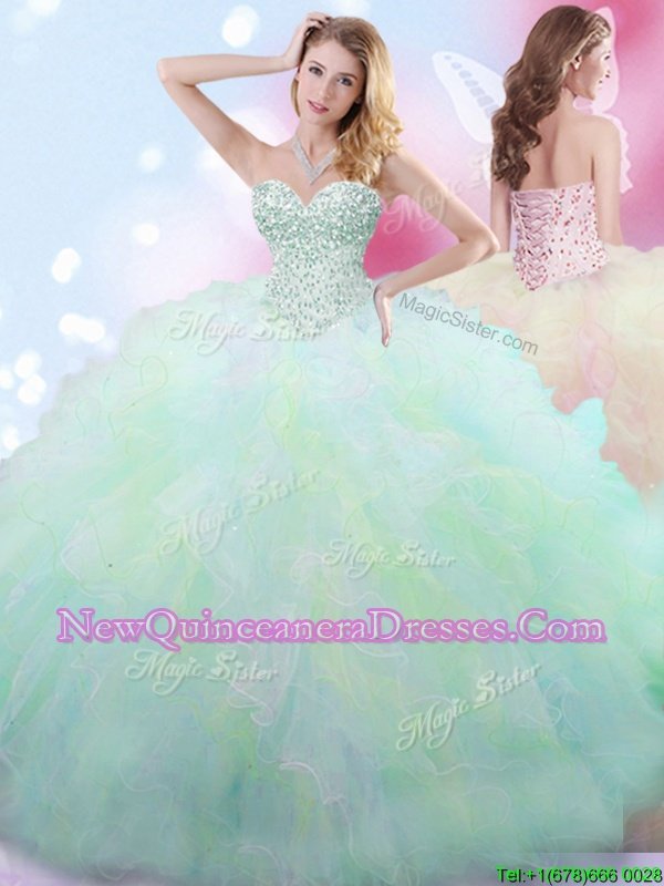 Custom Made Sleeveless Tulle Floor Length Lace Up Quinceanera Gowns inMulti-color withBeading