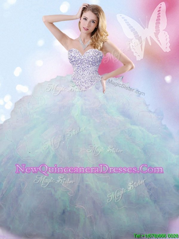 Noble Floor Length Lace Up 15th Birthday Dress Multi-color and In for Military Ball and Sweet 16 and Quinceanera withBeading