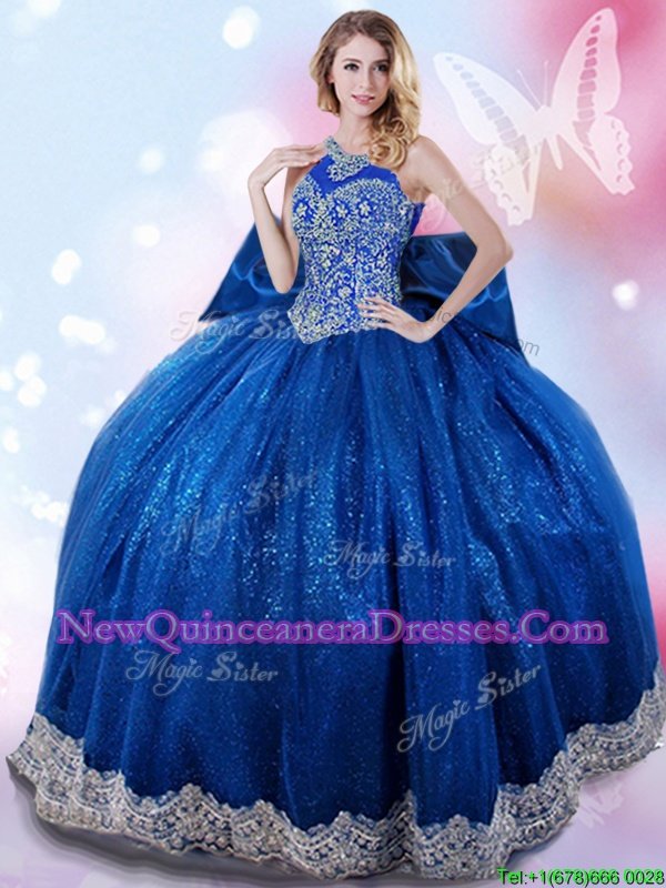 Attractive Halter Top Royal Blue Sleeveless Taffeta Lace Up Sweet 16 Dresses for Military Ball and Sweet 16 and Quinceanera