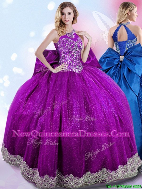 Unique Eggplant Purple Halter Top Lace Up Beading and Bowknot Ball Gown Prom Dress Sleeveless