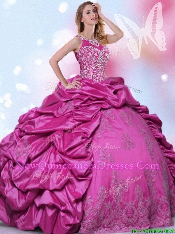 Custom Designed Pick Ups Floor Length Fuchsia Sweet 16 Quinceanera Dress Halter Top Sleeveless Lace Up