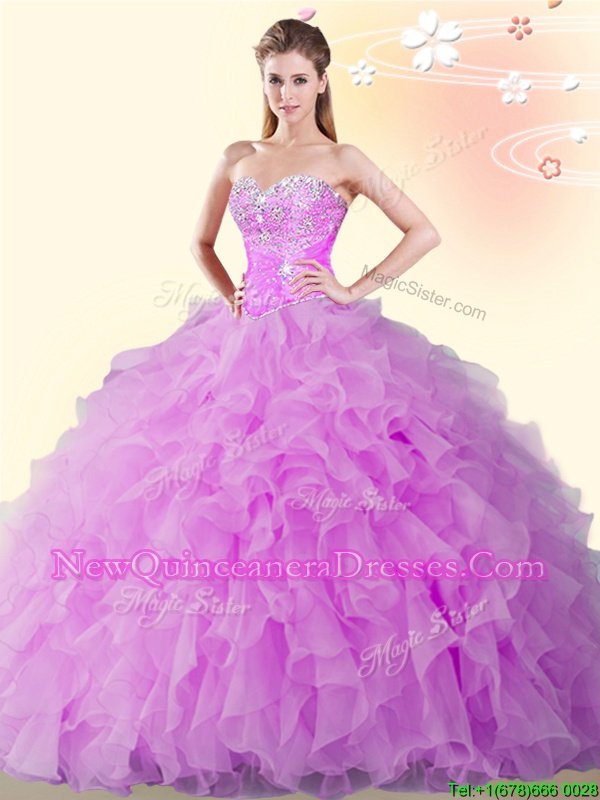 Inexpensive Lilac Sweetheart Neckline Beading and Ruffles Quinceanera Dress Sleeveless Lace Up