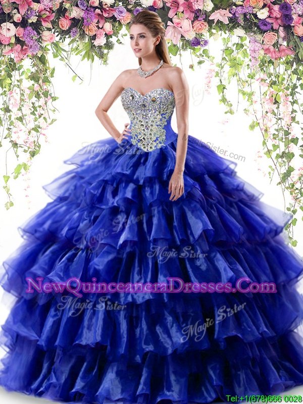 Glittering Ruffled Floor Length Royal Blue Quince Ball Gowns Sweetheart Sleeveless Lace Up